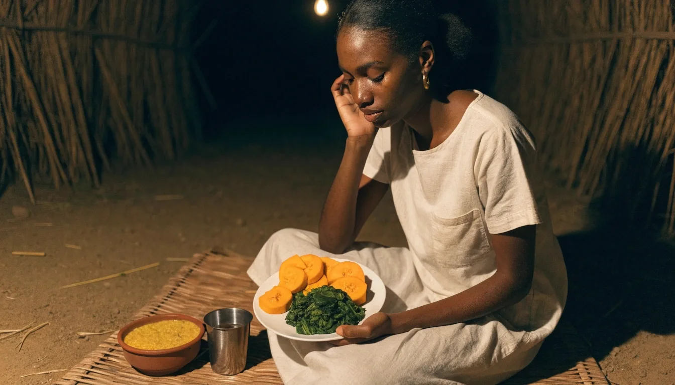 A nutritionist's consult desk under a warm lamp at night in Maun