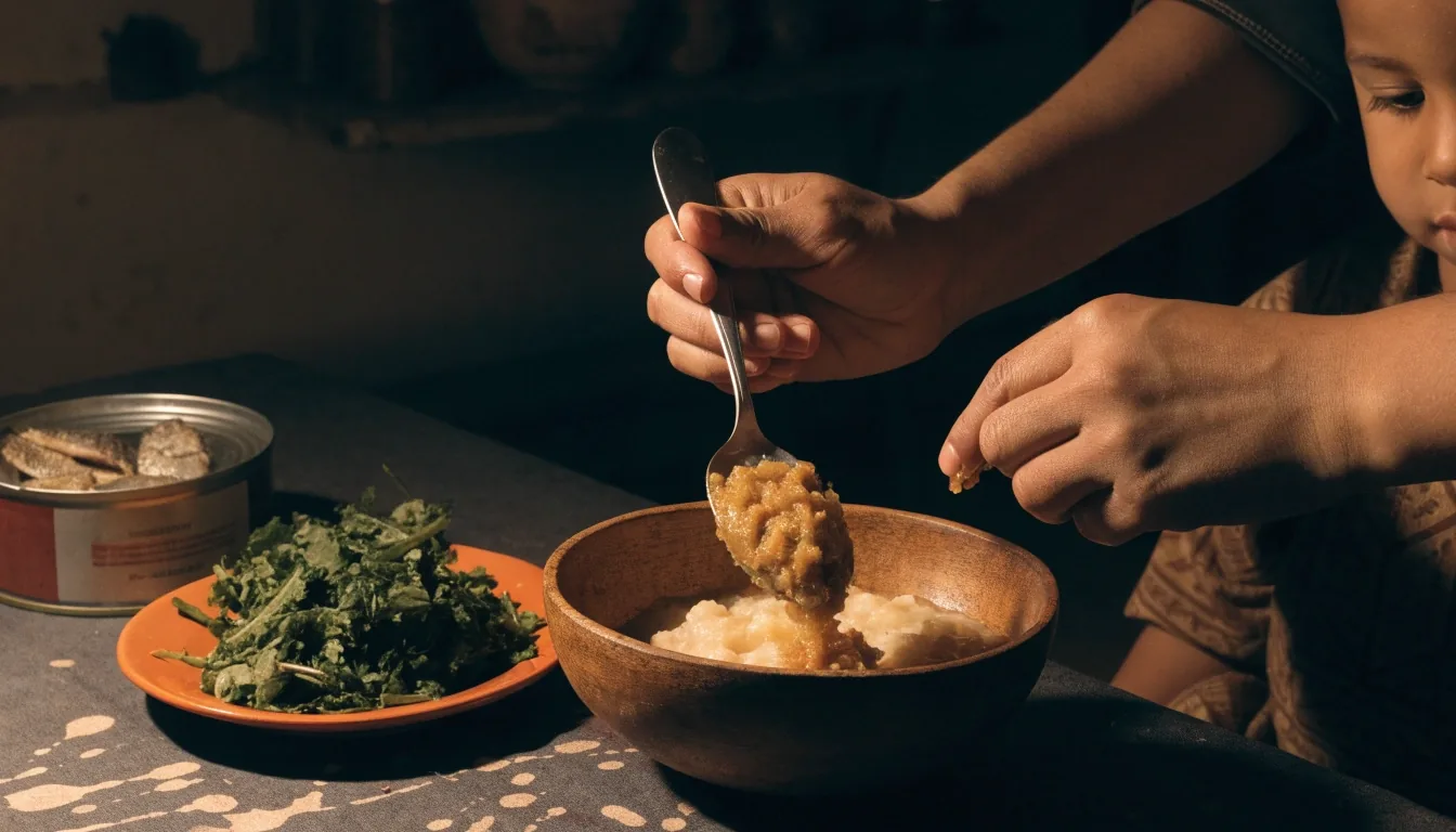 A shared family meal on a dark kitchen table with porridge, groundnut paste and greens in warm lamplight