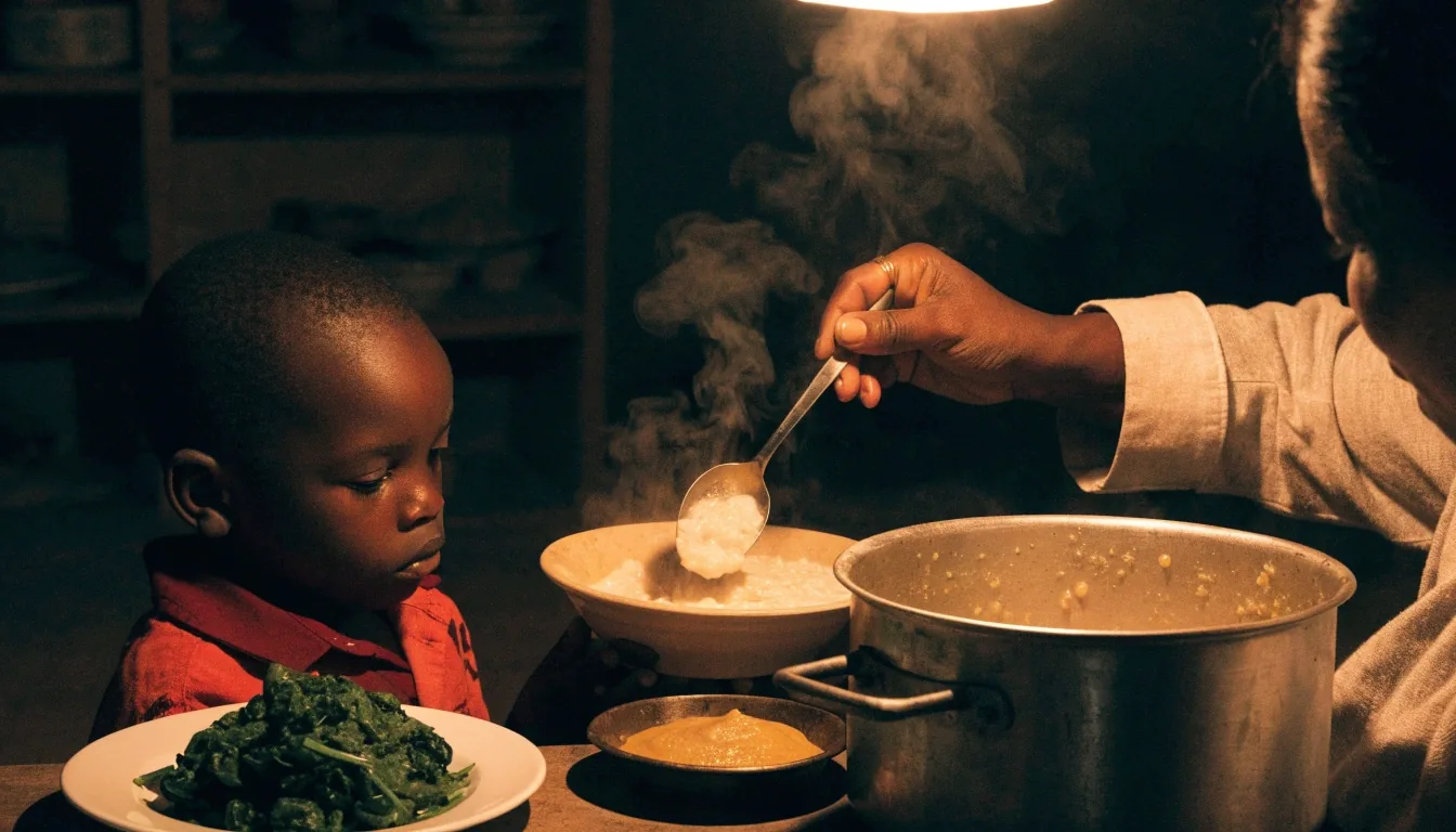 A caregiver serving soft enriched porridge and greens to a young child in a warmly lit evening kitchen