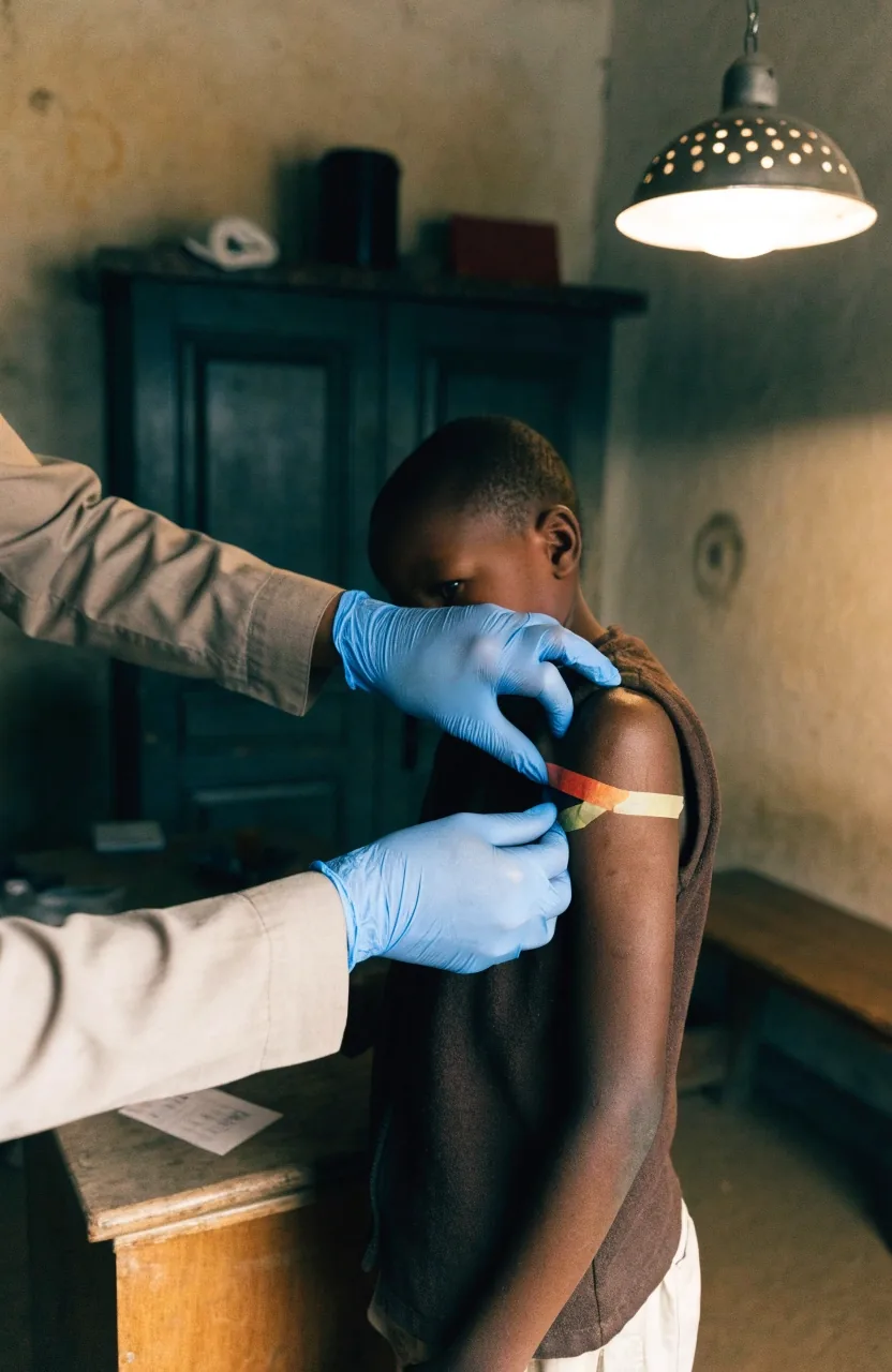 A health worker measuring a young child's arm during a growth check at a clinic