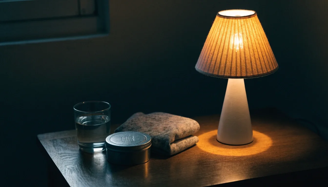 A bedside table at night with a glass of water, a small tin and a lamp turned low