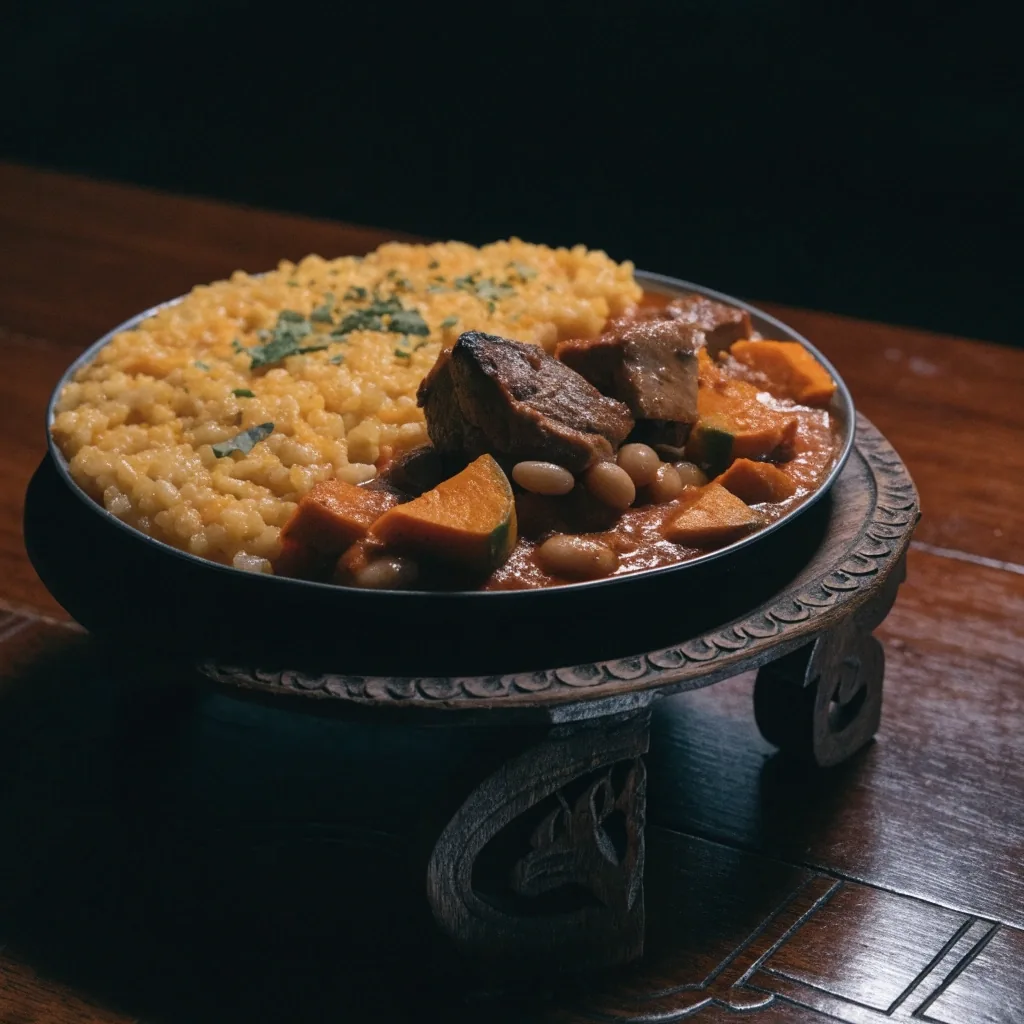 A heavy evening plate on a dark table